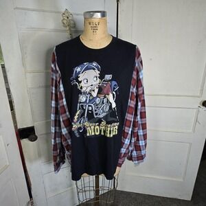 Upcycled‎ Betty Boop t-shirt pullover with a flannel shirt.  womens.  oversized.
